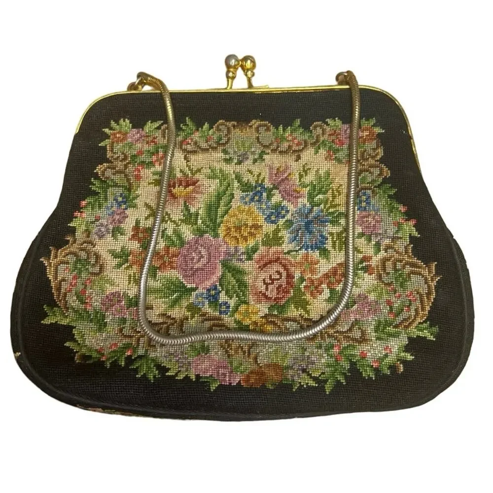 Vintage Tapestry Black Floral Needlepoint Purse Clutch Chain Strap Kiss Clasp